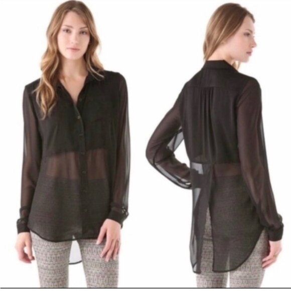 Free People Best of Both Worlds Black Sheer Long Sleeve Button-Down Blouse XS - Picture 1 of 9